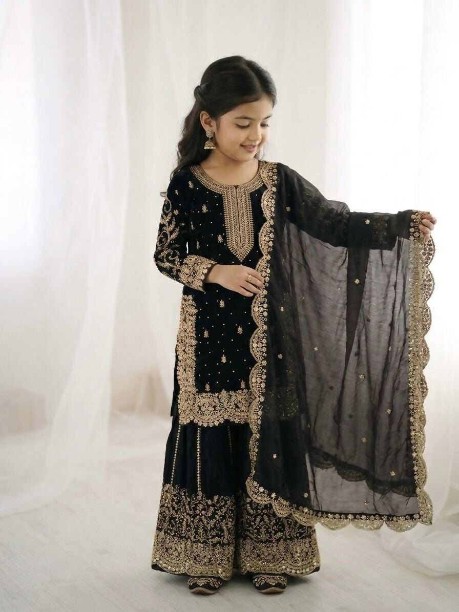 Teeya Creation New Trendy Fully Stitched Ready to Wear Kids Kurta Palazzo Set-Black