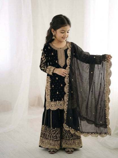 Teeya Creation New Trendy Fully Stitched Ready to Wear Kids Kurta Palazzo Set-Black