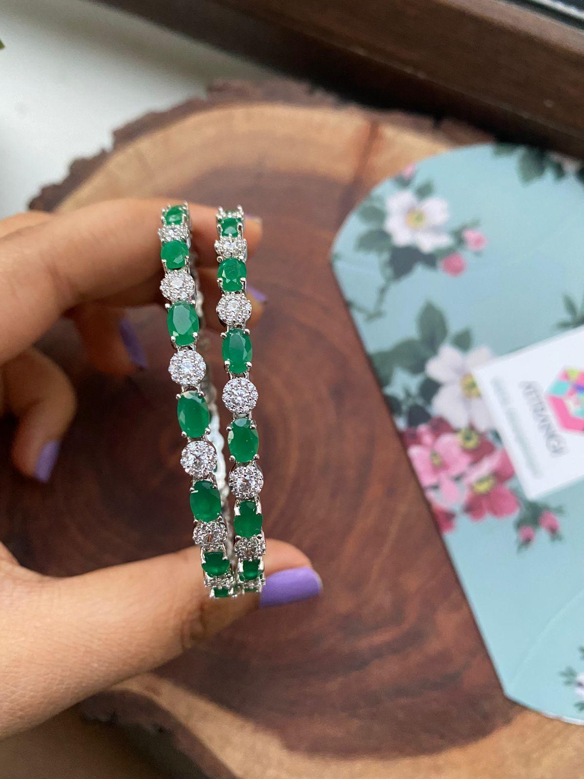 Anisha Slim Diamond Coloured Stone Bangles- Green