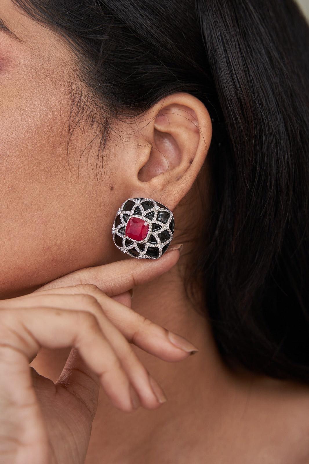 Anjuna Diamond Studs With Black Enamel and Coloured Stones