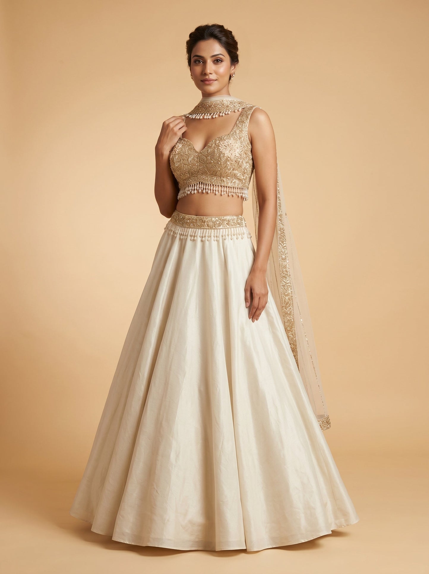 Antique Gold Indowestern Flared Lehenga With Cape Sleeves