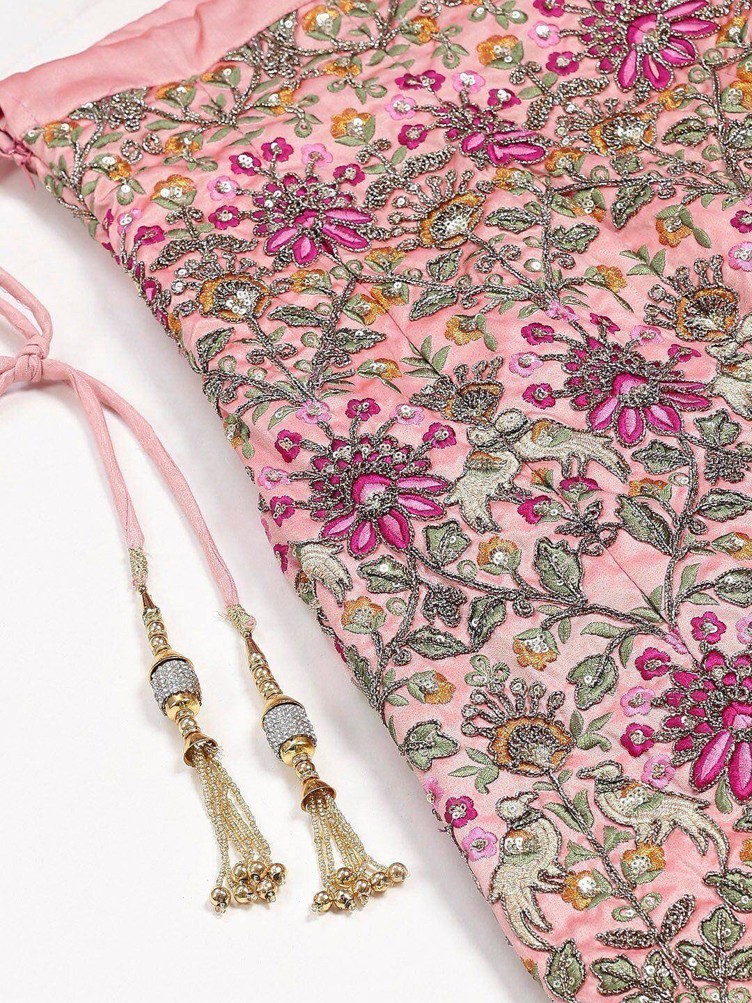 Tulsi Art Peach & Golden Semi-Stitched Myntra Bridal Lehenga & Unstitched Blouse With Dupatta