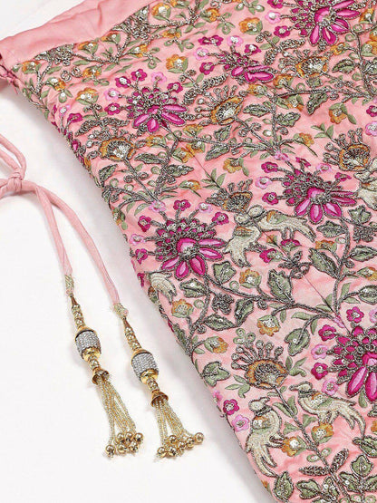 Tulsi Art Peach & Golden Semi-Stitched Myntra Bridal Lehenga & Unstitched Blouse With Dupatta