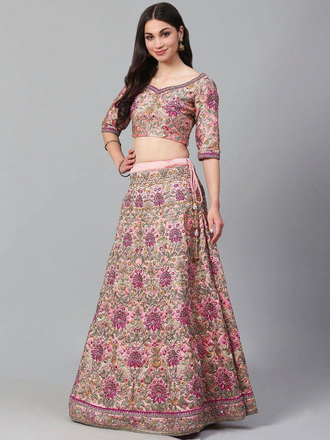 Tulsi Art Peach & Golden Semi-Stitched Myntra Bridal Lehenga & Unstitched Blouse With Dupatta