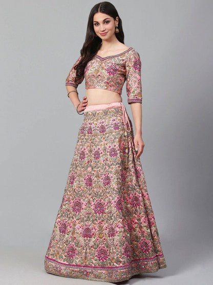 Tulsi Art Peach & Golden Semi-Stitched Myntra Bridal Lehenga & Unstitched Blouse With Dupatta
