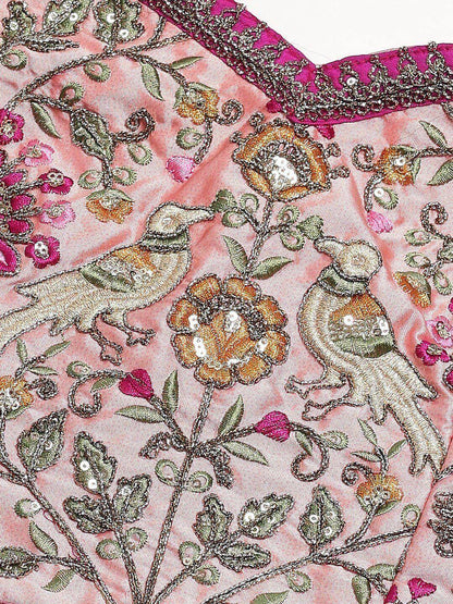 Tulsi Art Peach & Golden Semi-Stitched Myntra Bridal Lehenga & Unstitched Blouse With Dupatta