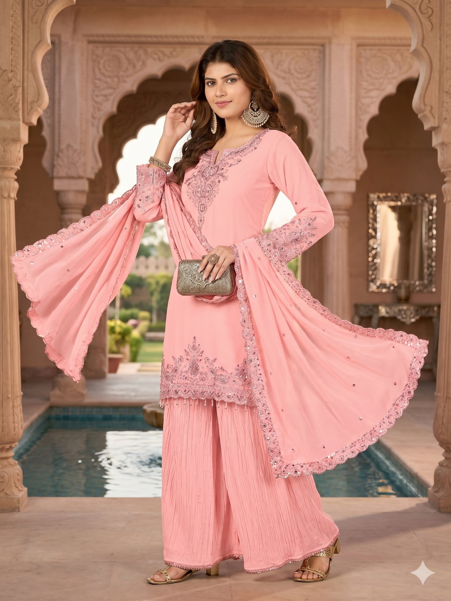 Teeya Creation Womens New Georgette Silk With Heavy Embroiedery With Sequence Work Pink Kurta Set