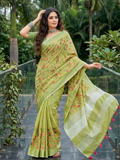 Shree Shyam Fashion Yellow Green Linen Saree