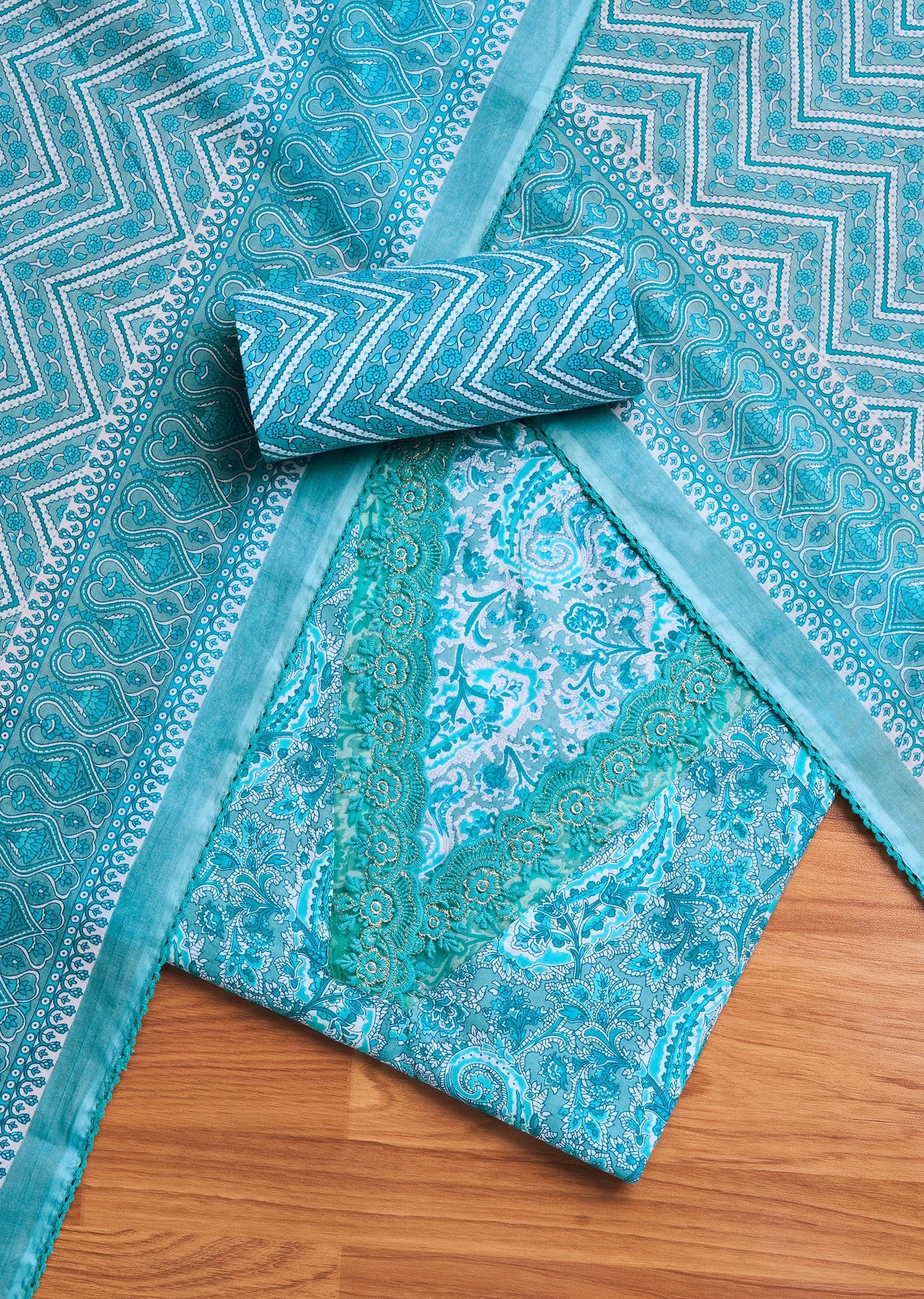 Aqua Blue Cotton Printed Unstitched Suit Set