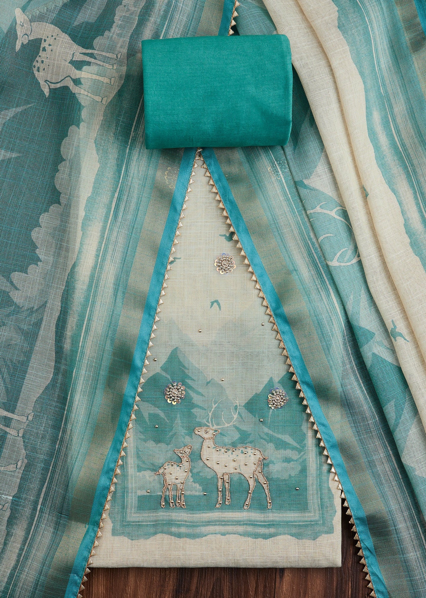Aqua Blue Linen Unstitched Suit