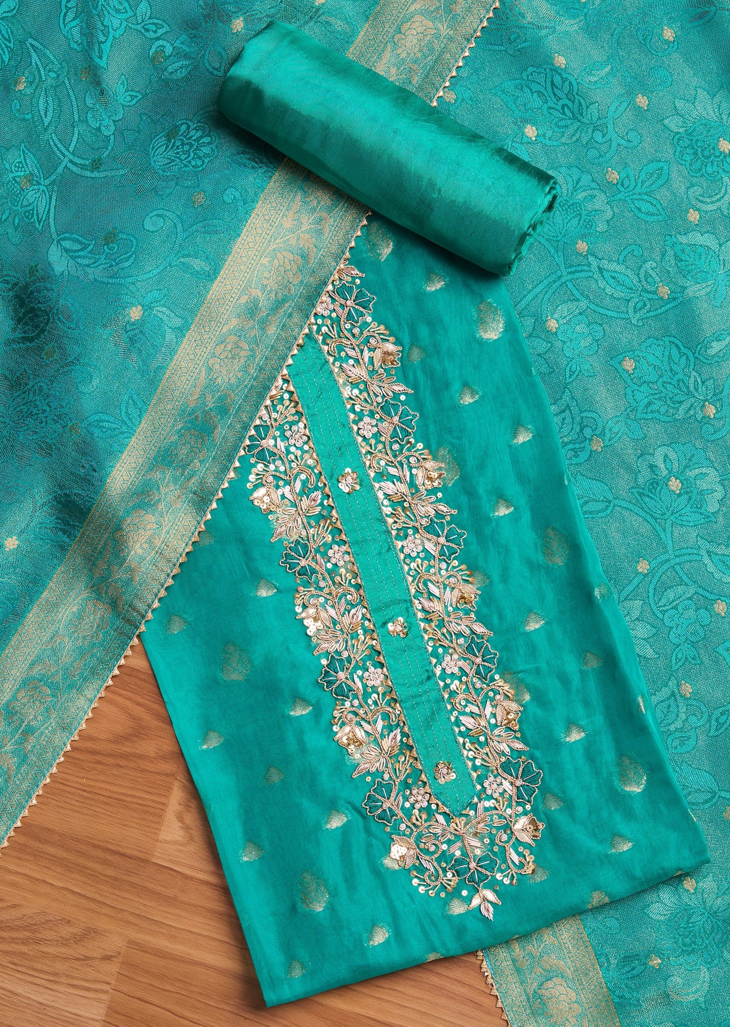 Aqua Blue Organza Brocade Unstitched Suit Set
