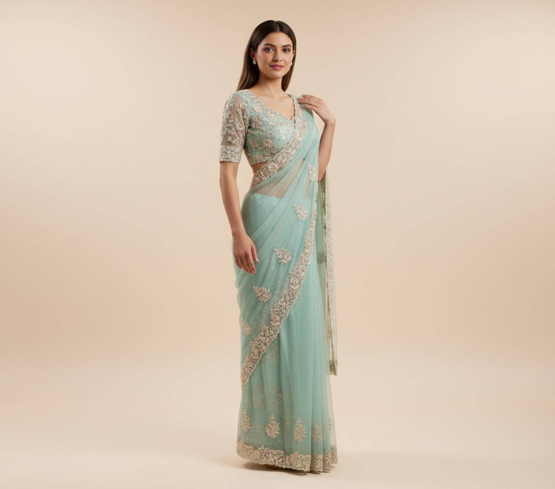 Aqua Refreshing Embroidered Saree