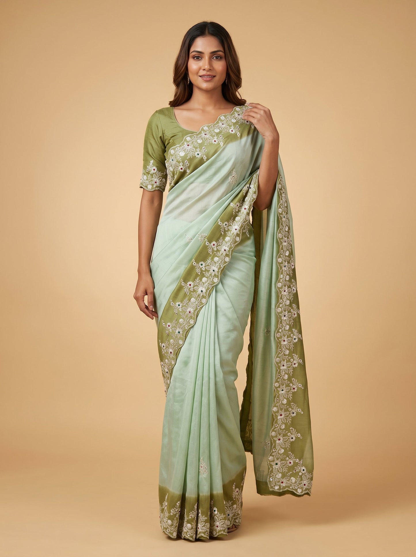 Aqua Glow Embroidered Saree