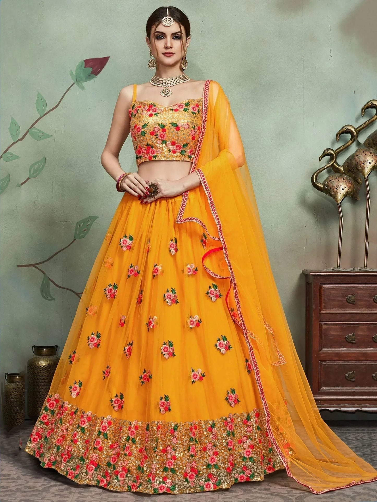 Tulsi Art Mustard Yellow Sequins Net Bridal Lehenga Choli
