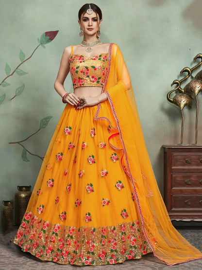 Tulsi Art Mustard Yellow Sequins Net Bridal Lehenga Choli