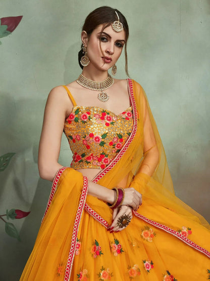 Tulsi Art Mustard Yellow Sequins Net Bridal Lehenga Choli