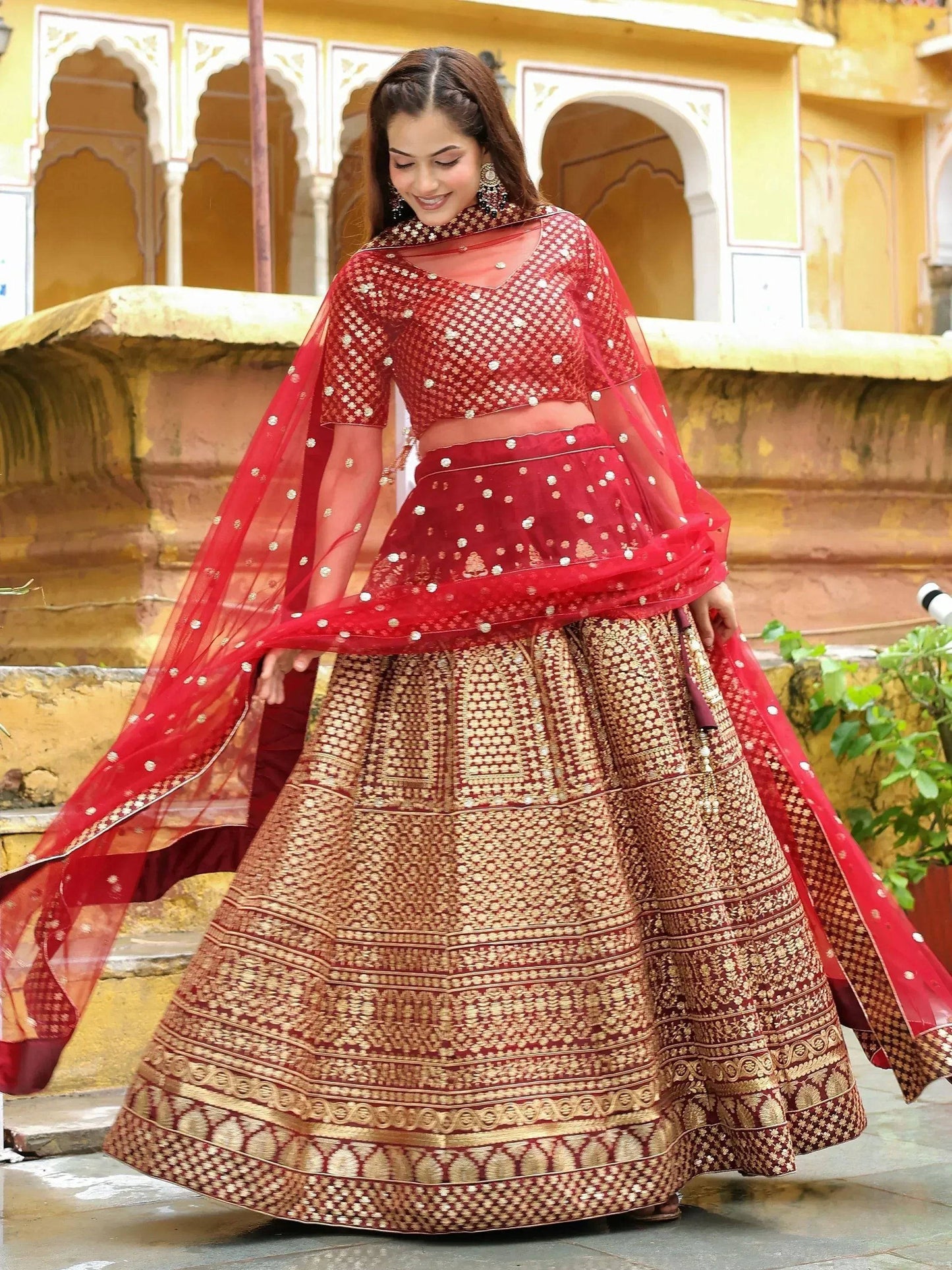 Tulsi Art Astonishing Maroon Sequins Raw Silk Wedding Wear Lehenga Choli