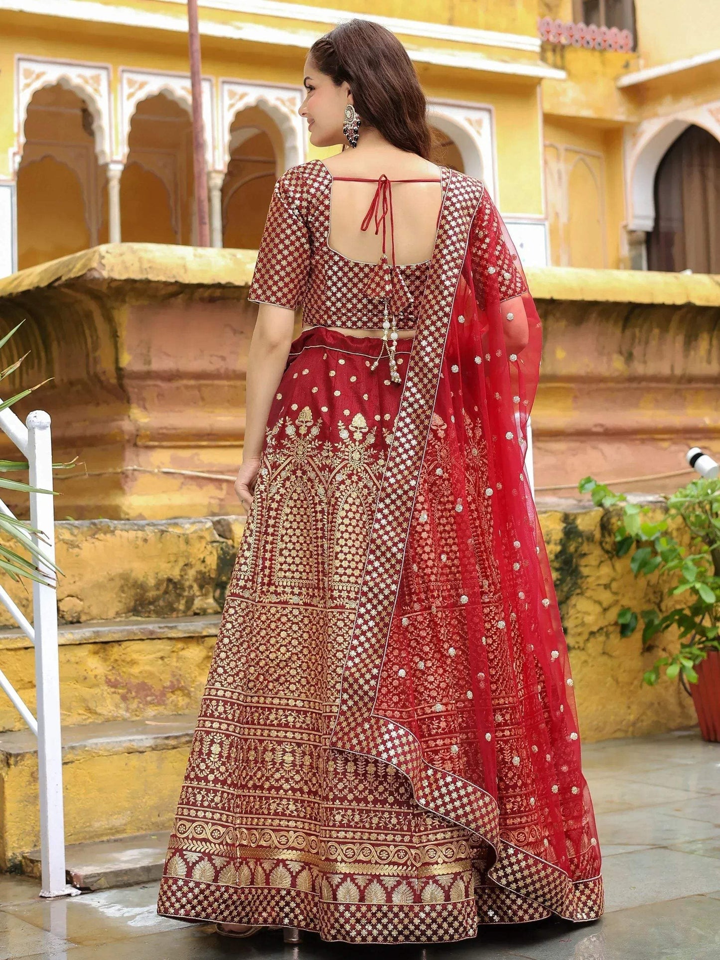 Tulsi Art Astonishing Maroon Sequins Raw Silk Wedding Wear Lehenga Choli