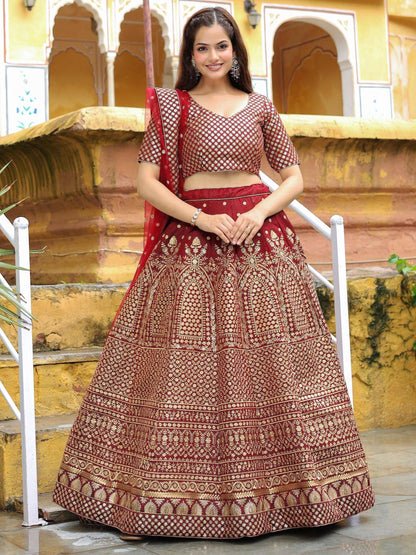 Tulsi Art Astonishing Maroon Sequins Raw Silk Wedding Wear Lehenga Choli