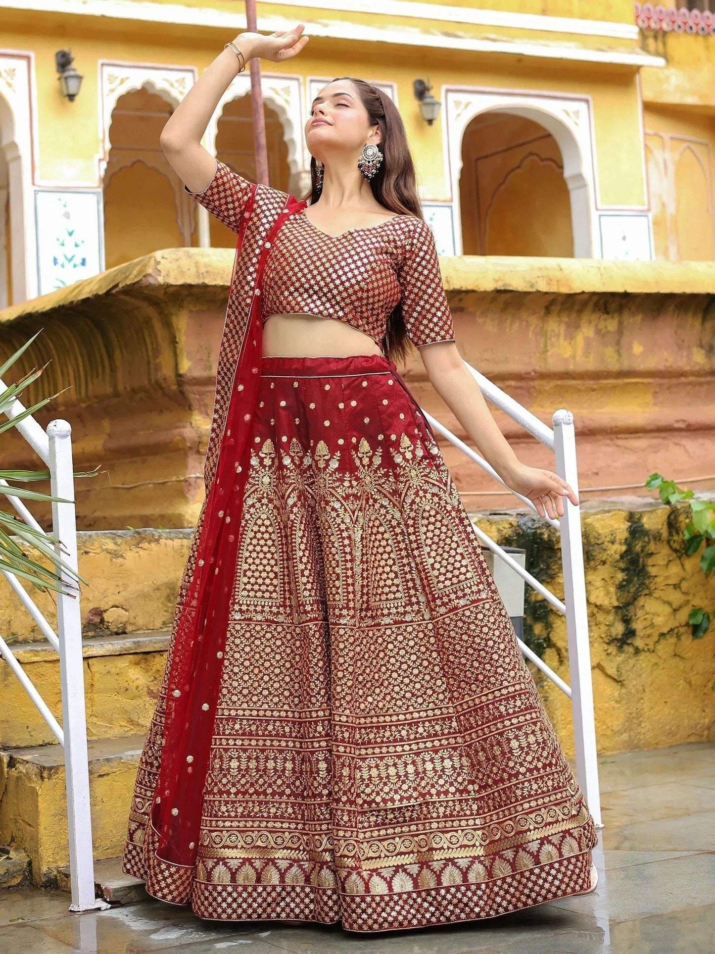 Tulsi Art Astonishing Maroon Sequins Raw Silk Wedding Wear Lehenga Choli