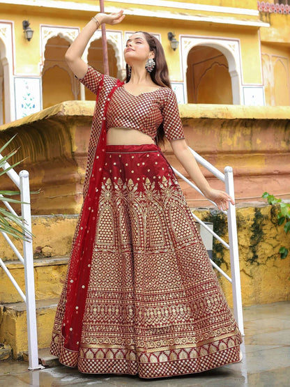 Tulsi Art Astonishing Maroon Sequins Raw Silk Wedding Wear Lehenga Choli