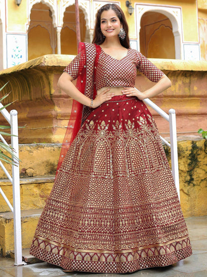Tulsi Art Astonishing Maroon Sequins Raw Silk Wedding Wear Lehenga Choli