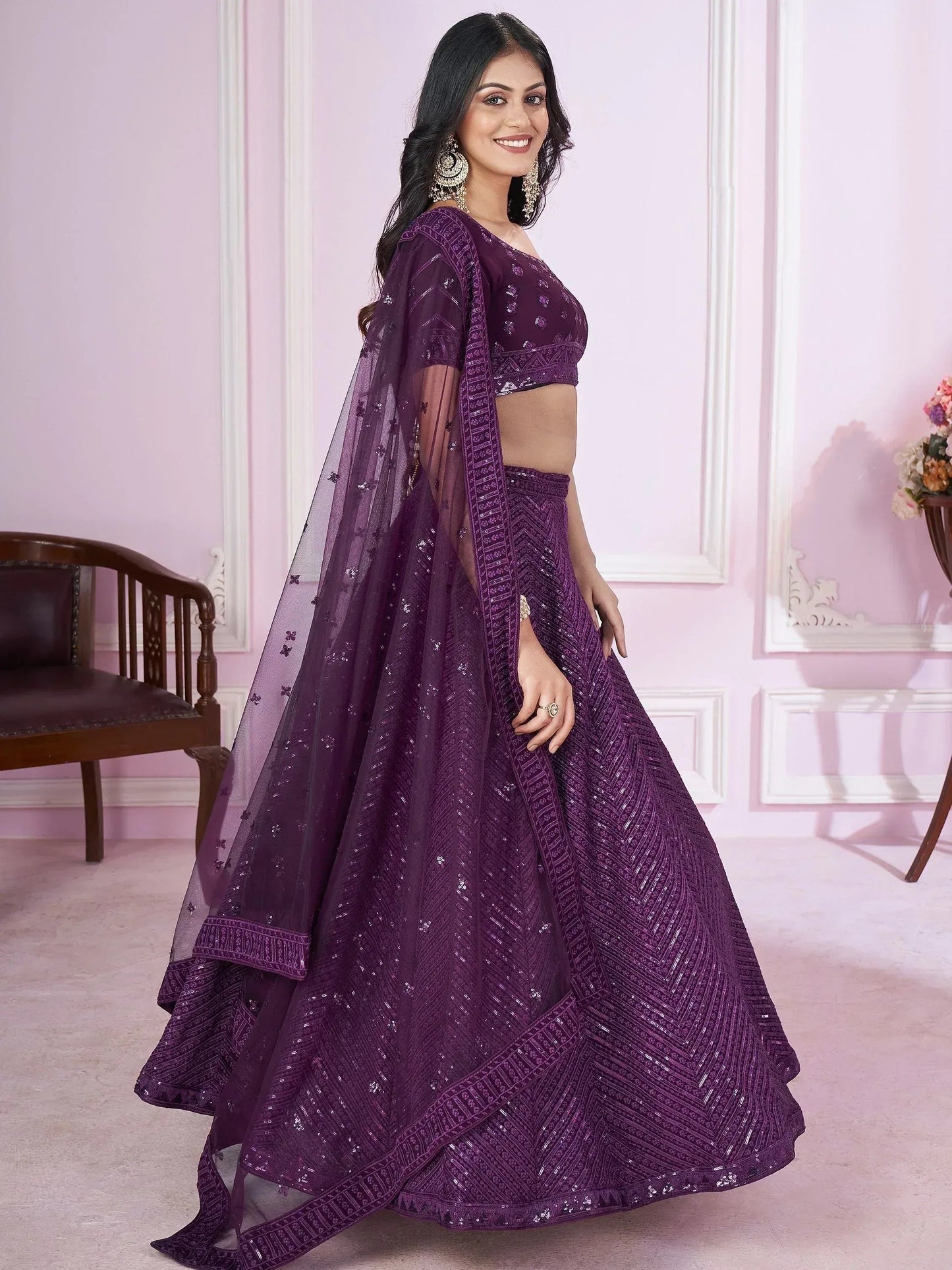 Tulsi Art Astonishing Purple Sequins Georgette Engagement Wear Lehenga Choli