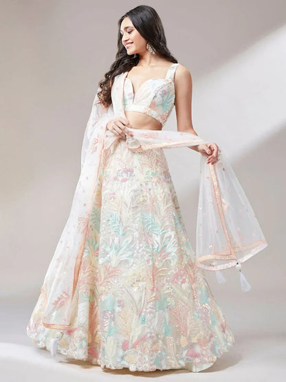 Tulsi Art Astounding Off-White Sequins Soft Net Wedding Wear Lehenga Choli