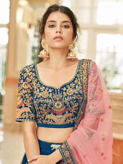 Tulsi Art Attractive Blue Heavy Embroidery Velvet Wedding Wear Lehenga Choli