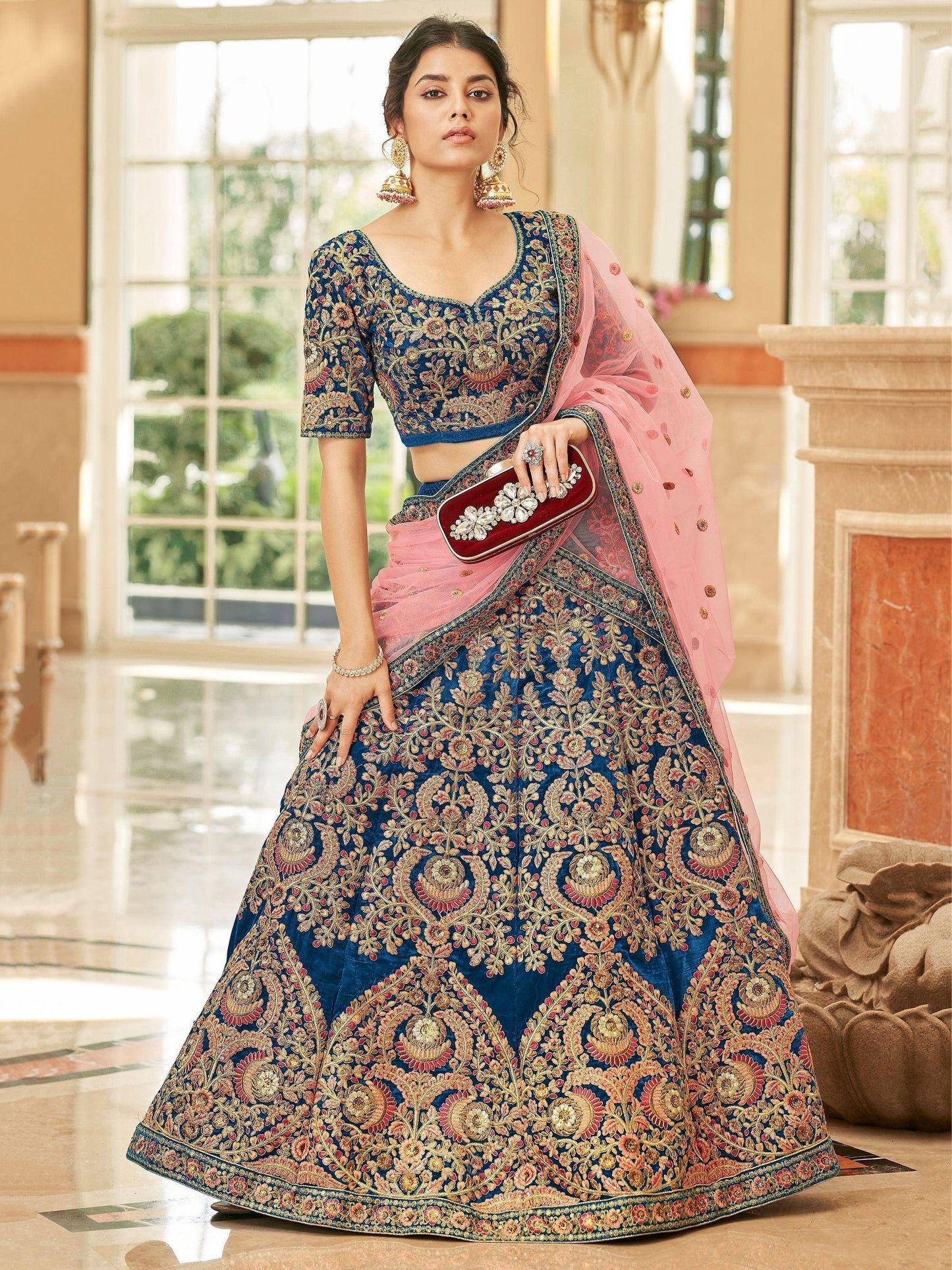 Tulsi Art Attractive Blue Heavy Embroidery Velvet Wedding Wear Lehenga Choli