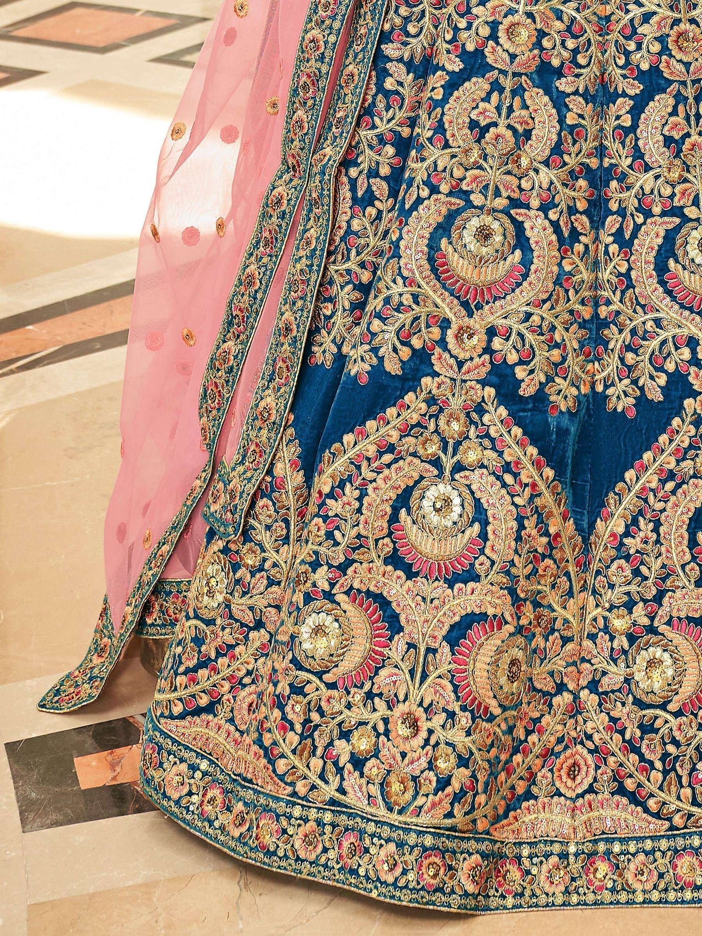 Tulsi Art Attractive Blue Heavy Embroidery Velvet Wedding Wear Lehenga Choli