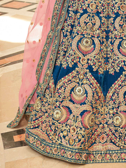 Tulsi Art Attractive Blue Heavy Embroidery Velvet Wedding Wear Lehenga Choli