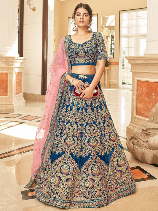 Tulsi Art Attractive Blue Heavy Embroidery Velvet Wedding Wear Lehenga Choli