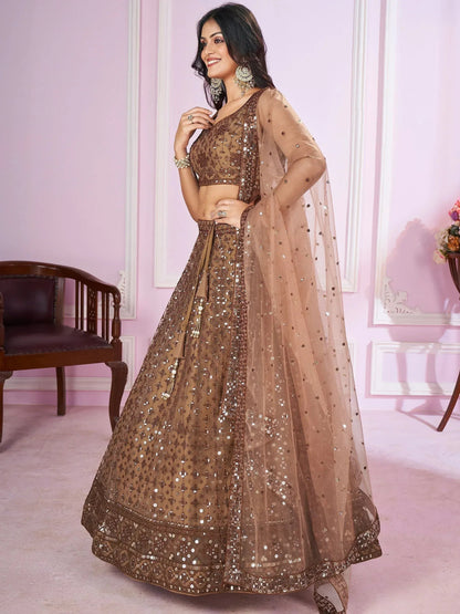 Tulsi Art Attractive Brown Sequins Soft Net Engagement Wear Lehenga Choli