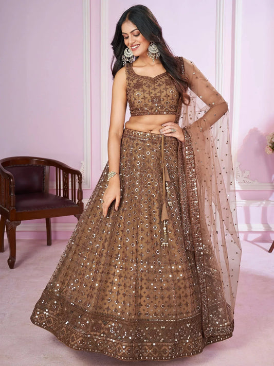 Tulsi Art Attractive Brown Sequins Soft Net Engagement Wear Lehenga Choli