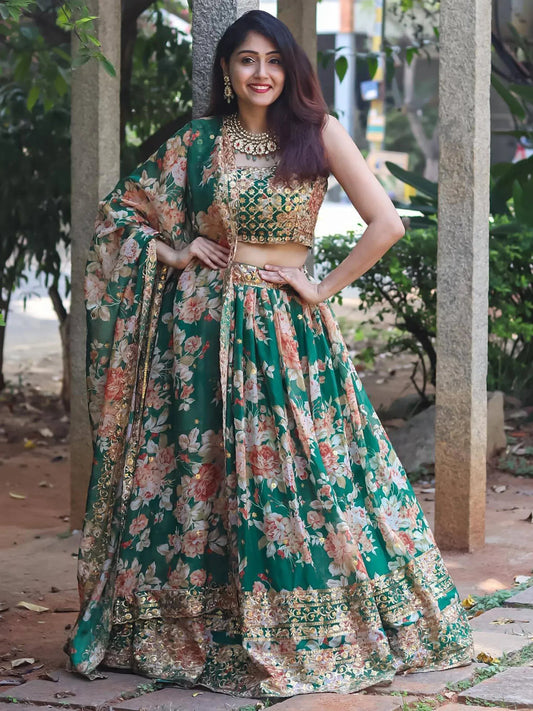 Tulsi Art Attractive Green Floral Printed Organza Wedding Wear Lehenga Choli