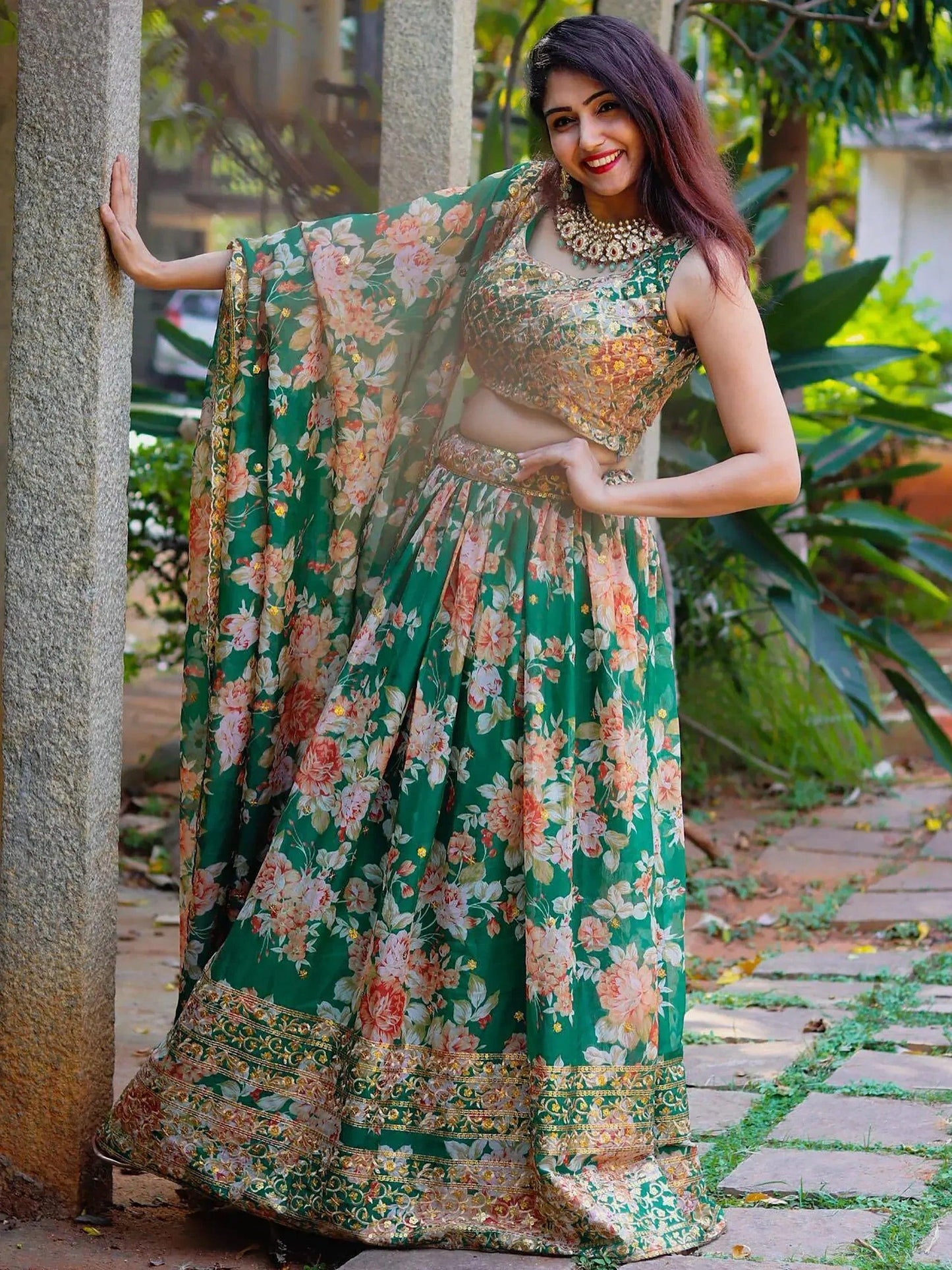 Tulsi Art Attractive Green Floral Printed Organza Wedding Wear Lehenga Choli