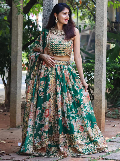Tulsi Art Attractive Green Floral Printed Organza Wedding Wear Lehenga Choli