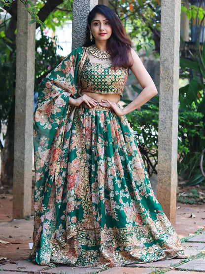 Tulsi Art Attractive Green Floral Printed Organza Wedding Wear Lehenga Choli