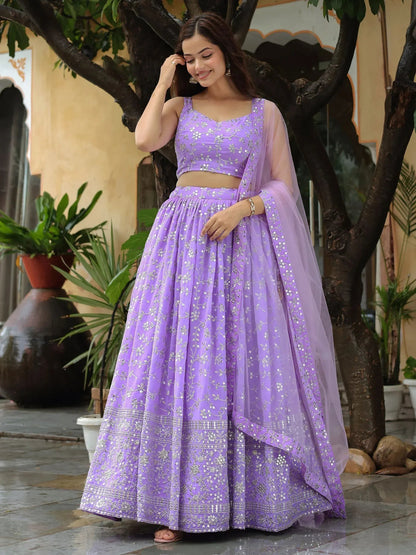 Tulsi Art Attractive Lavender Embroidered Georgette Wedding Wear Lehenga Choli