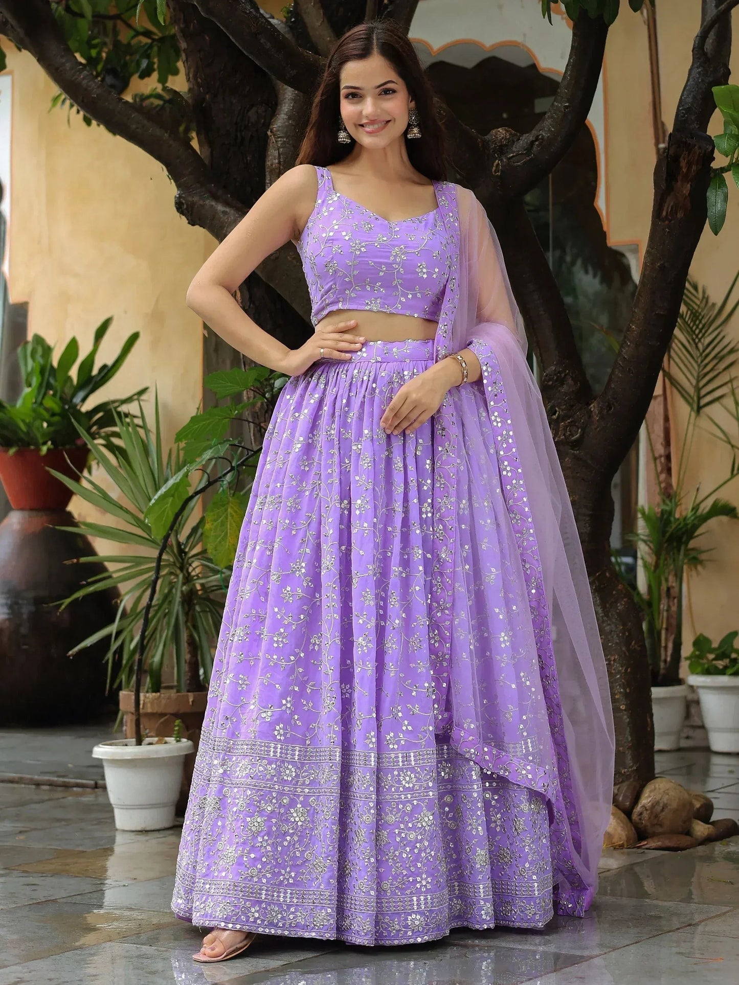 Tulsi Art Attractive Lavender Embroidered Georgette Wedding Wear Lehenga Choli