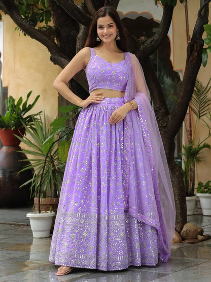 Tulsi Art Attractive Lavender Embroidered Georgette Wedding Wear Lehenga Choli
