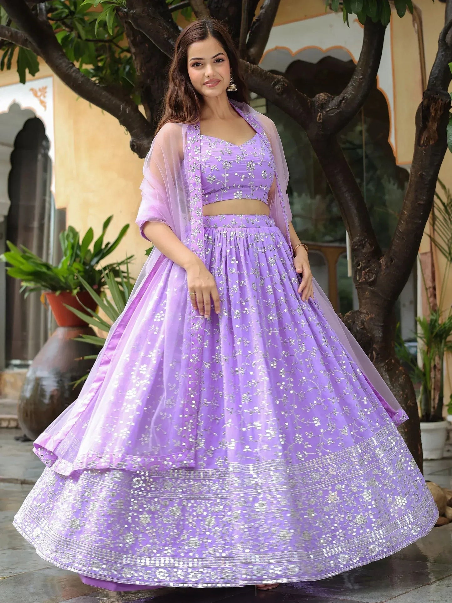 Tulsi Art Attractive Lavender Embroidered Georgette Wedding Wear Lehenga Choli