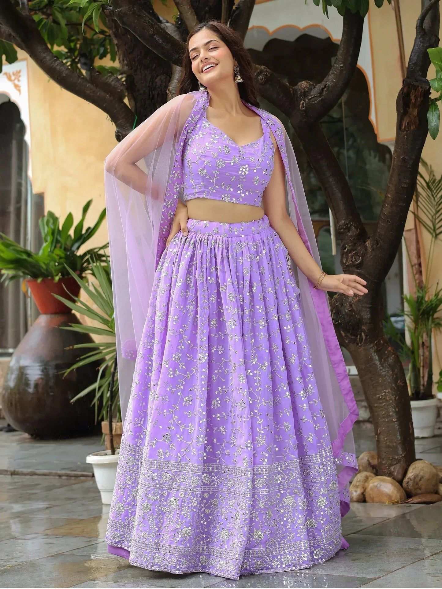 Tulsi Art Attractive Lavender Embroidered Georgette Wedding Wear Lehenga Choli