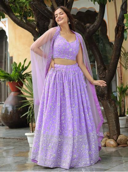 Tulsi Art Attractive Lavender Embroidered Georgette Wedding Wear Lehenga Choli