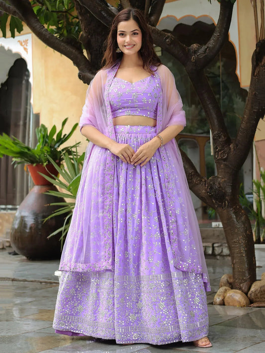 Tulsi Art Attractive Lavender Embroidered Georgette Wedding Wear Lehenga Choli