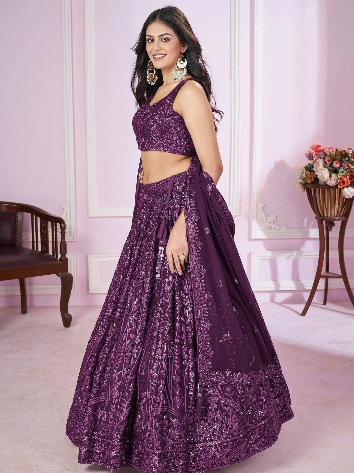 Tulsi Art Attractive Purple Sequins Georgette Wedding Wear Lehenga Choli