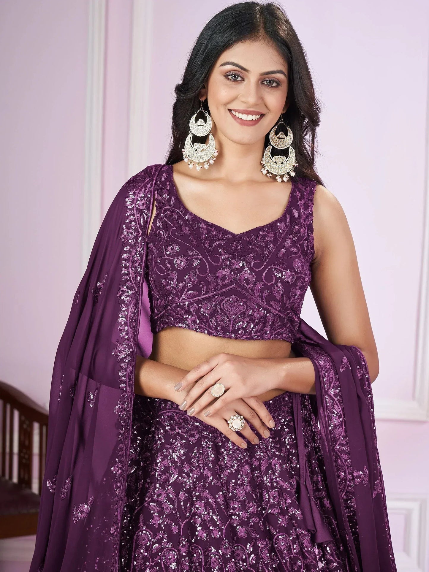 Tulsi Art Attractive Purple Sequins Georgette Wedding Wear Lehenga Choli