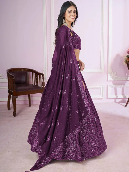 Tulsi Art Attractive Purple Sequins Georgette Wedding Wear Lehenga Choli