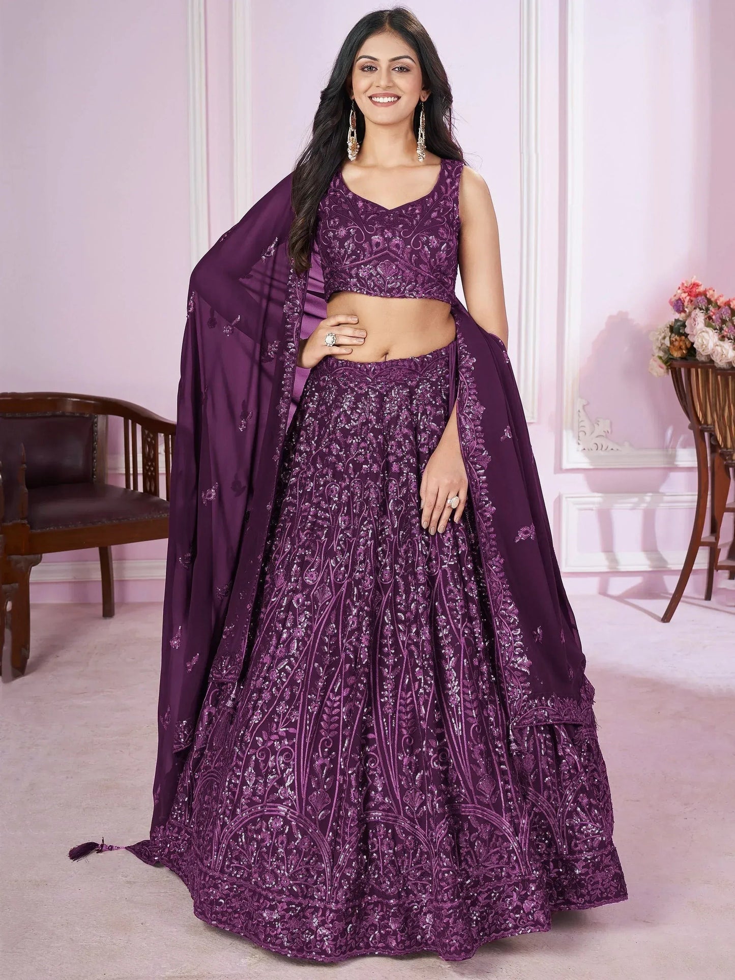 Tulsi Art Attractive Purple Sequins Georgette Wedding Wear Lehenga Choli